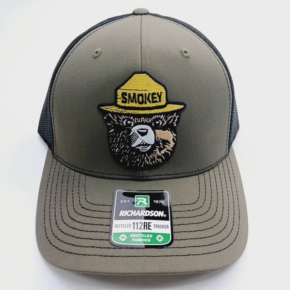 Smokey Bear Patch On Dark Green And Black Richardson Mesh Snapback Hat Cap